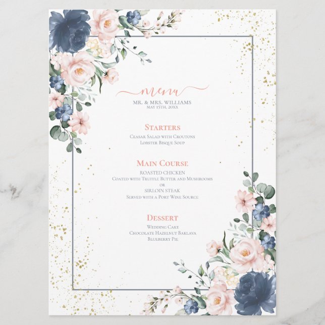 Light Dusty Blue Blush Pink Gold Floral Wedding Menu (Front)