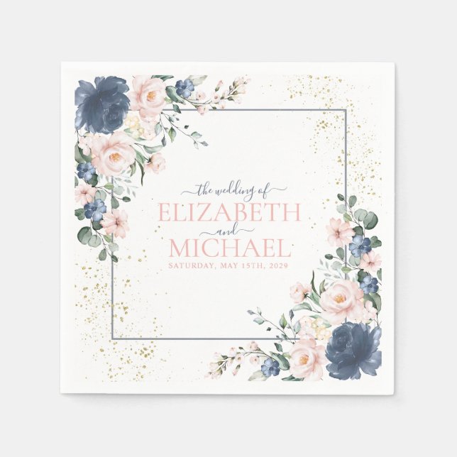 Light Dusty Blue Blush Pink Gold Floral Wedding Napkin (Front)