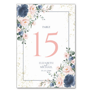Light Dusty Blue Blush Pink Gold Floral Wedding Table Number