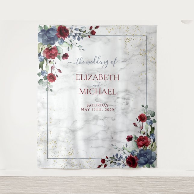 Light Dusty Blue Burgundy Floral Gold Wedding Tapestry (Front)