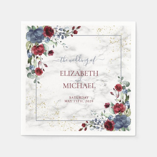 Light Dusty Blue Burgundy Floral Wedding Napkin (Front)