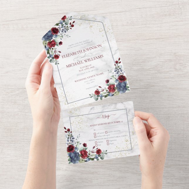 Light Dusty Blue Burgundy Gold Floral Wedding All In One Invitation (Tearaway)