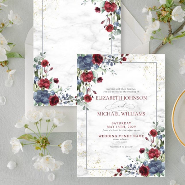 Light Dusty Blue Burgundy Gold Floral Wedding Invitation (Creator Uploaded)