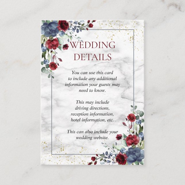 Light Dusty Blue Burgundy Gold Wedding Details Enclosure Card (Front)