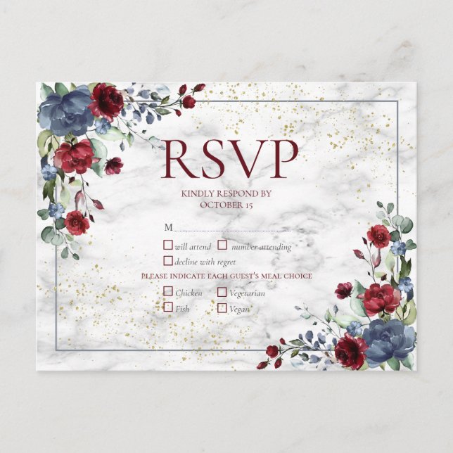 Light Dusty Blue Burgundy Gold Wedding RSVP Invitation Postcard (Front)