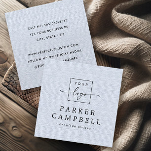 Light dusty blue linen look add logo minimalist square business card