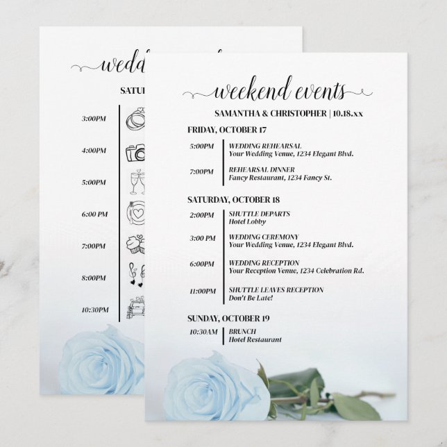 Light Dusty Blue Rose Wedding Events & Timeline Program (Front/Back)