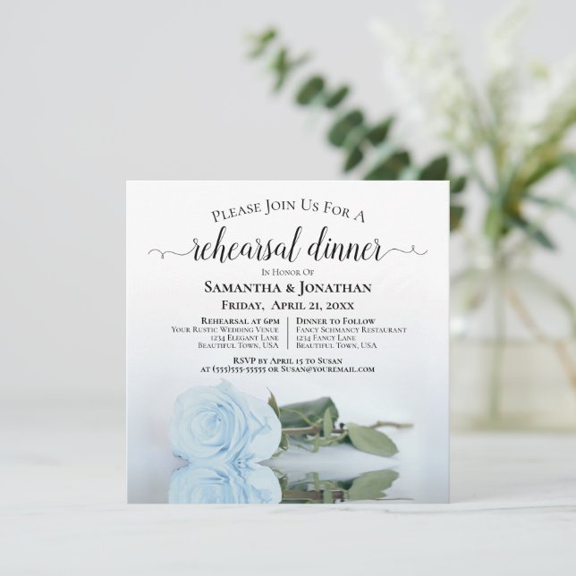 Light Dusty Blue Rose Wedding Rehearsal & Dinner Invitation (Standing Front)