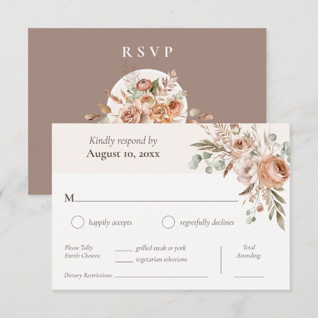 Light Earth Tone Floral Boho Dinner Choice Wedding RSVP Card (Front/Back)