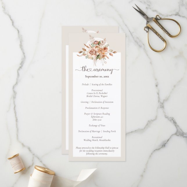 Light Earth Tone Floral Rustic Boho Wedding Party Program (Front/Back In Situ)