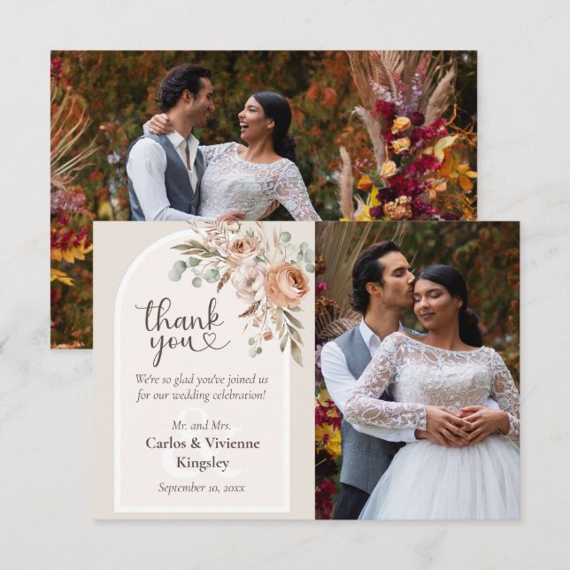Light Earth Tone Rustic Boho Floral Wedding Photo Thank You Card (Front/Back)