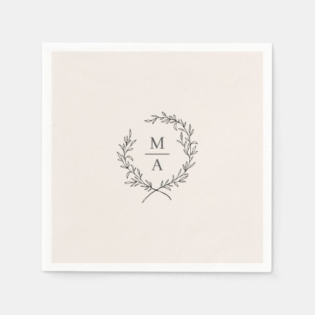 Light Ecru Simple Elegant Laurel Wreath Monogram Napkin (Front)
