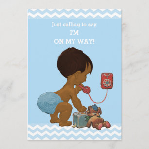 Light Ethnic Boy on Phone Baby Shower Chevrons Invitation