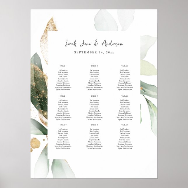 Light Eucalyptus Glow Gold Event Seating Chart 9 (Front)