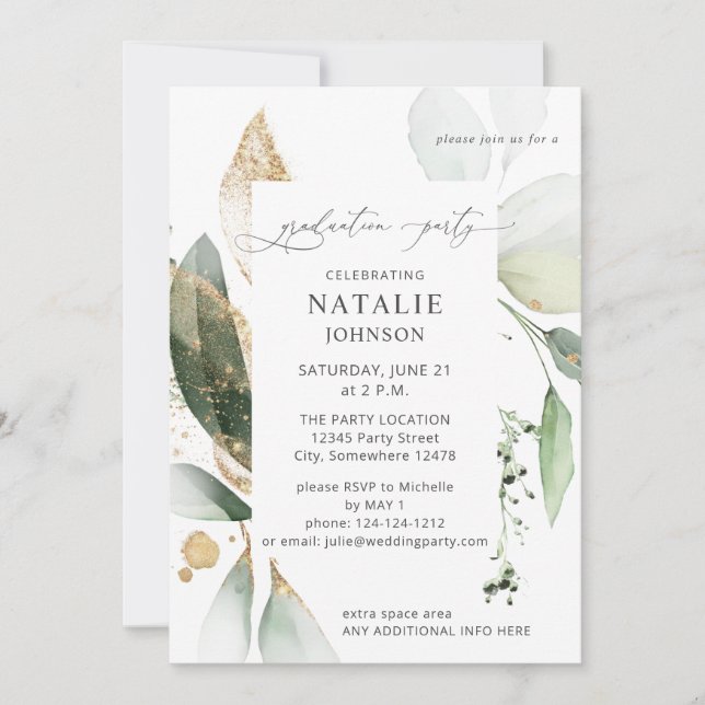 Light Eucalyptus Glow Gold Graduation Party Invitation (Front)
