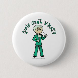 Light Female Surgeon in Green Scrubs 2 Inch Round Button