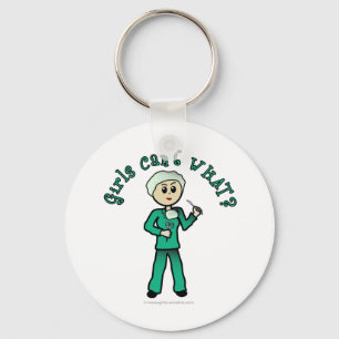Light Female Surgeon in Green Scrubs Keychain