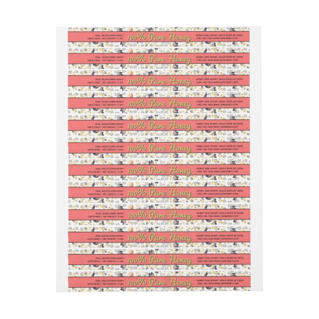 Light Floral Wrap Around Honey Jar Label (Sheet)