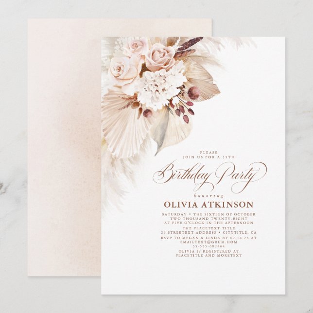 Light Flowers and Pampas Grass Boho Birthday Invitation (Front/Back)