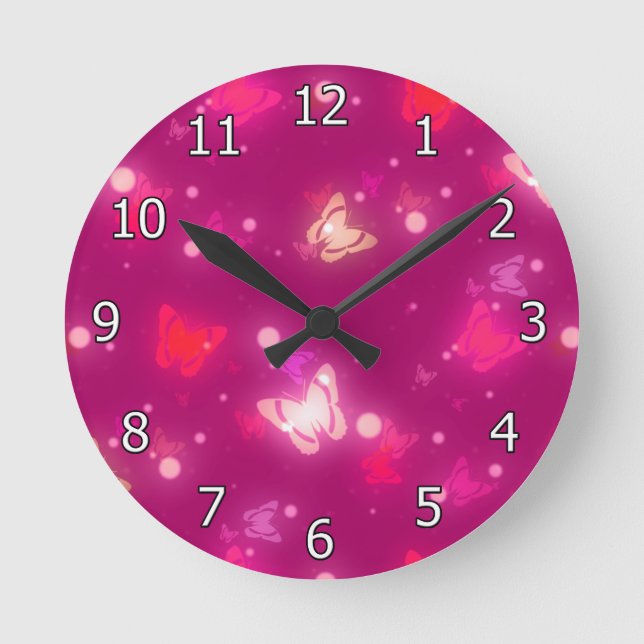 Light Glow Butterflies Magenta Pink Design Round Clock (Front)