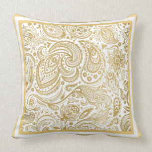 Light Gold And White Paisley & Geometric Frame Throw Pillow