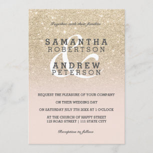 light gold faux glitter pink ombre wedding custom invitation