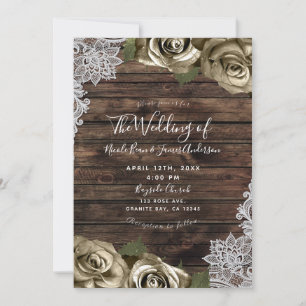 Light Gold Glam Floral Roses Rustic Wood Lace Invitation