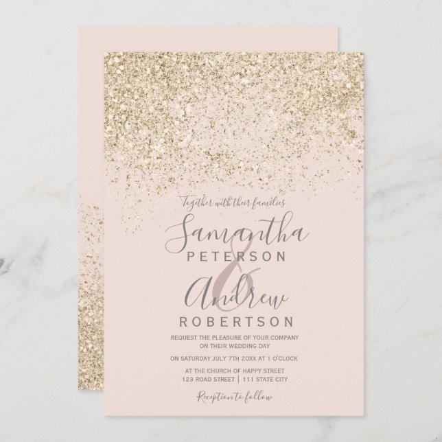 light gold glitter blush pink elegant chic wedding invitation (Front/Back)