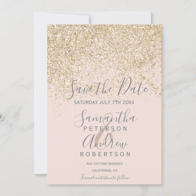 light gold glitter blush save the date wedding (Front)
