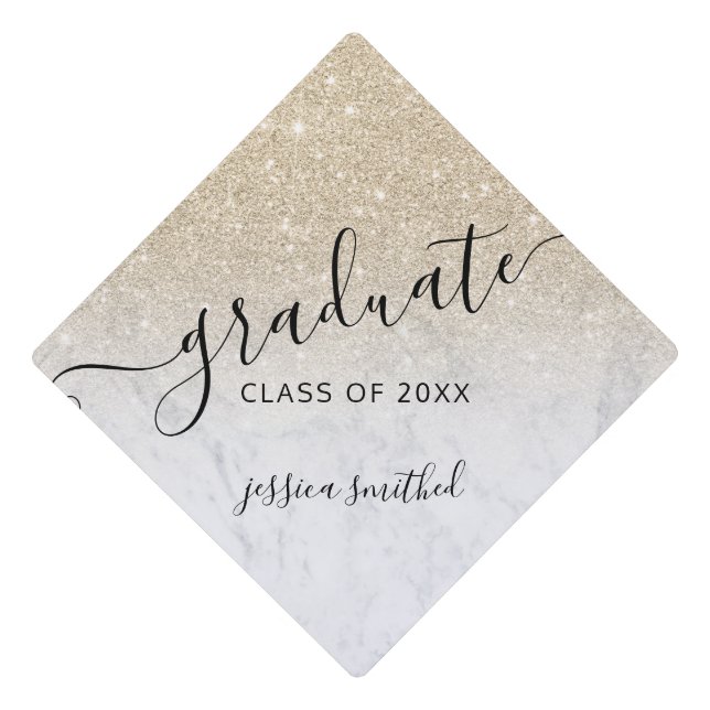 light gold glitter marble chic typography graduate graduation cap topper (Front)