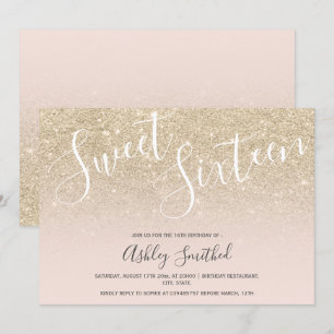 light gold glitter ombre pink sweet sixteen invitation