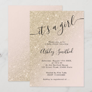light gold glitter pink ombre block baby shower invitation