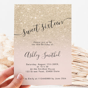 Light gold glitter pink ombre script sweet 16 invitation
