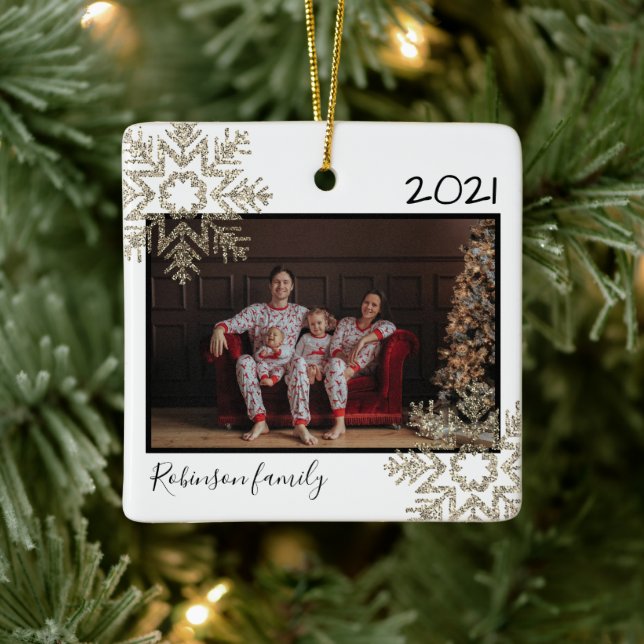 Light Gold Glitter Snowflake Family White Ceramic Ornament (Tree)