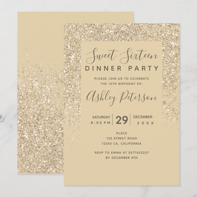 light gold glitter typography chic gold Sweet 16 Invitation (Front/Back)