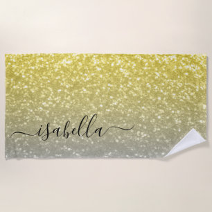 Light gold grey ombre faux sparkles Custom name Beach Towel