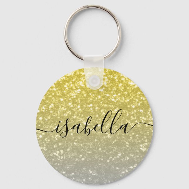 Light gold grey ombre faux sparkles Custom name Keychain (Front)
