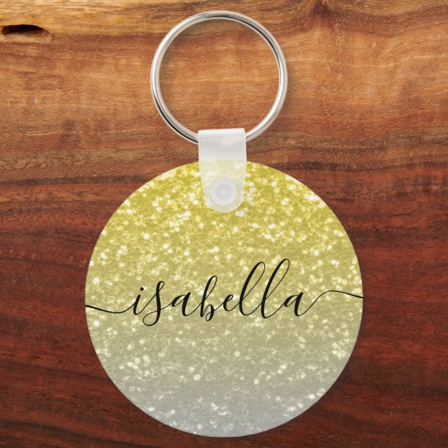 Light gold grey ombre faux sparkles Custom name Keychain (Front)