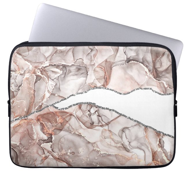 LIGHT GOLD MARBLE AGATE SILVER GLITTER GLAM LAPTOP SLEEVE (Front)