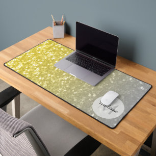 Light gold silver grey ombre faux sparkle Monogram Desk Mat