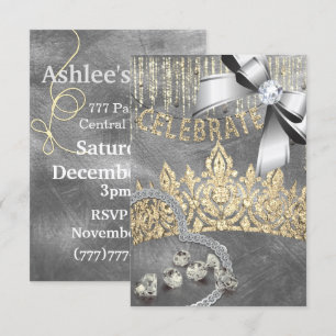 Light Gold Silver with crown diamonds blue  party Invitation
