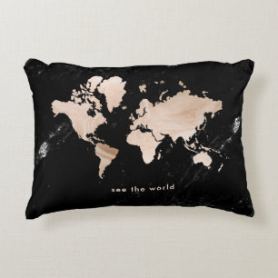 Light Gold World Map on Black Marble Accent Pillow