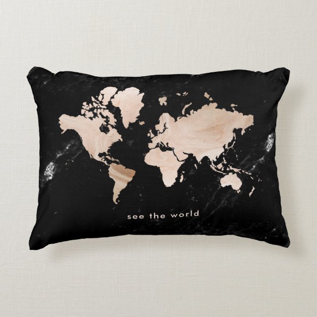 Light Gold World Map on Black Marble Accent Pillow (Front)