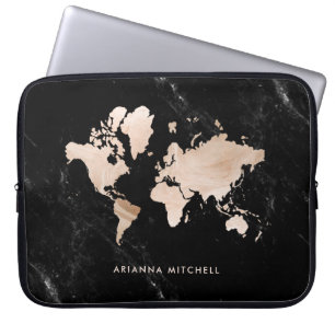 Light Gold World Map on Black Marble Laptop Sleeve