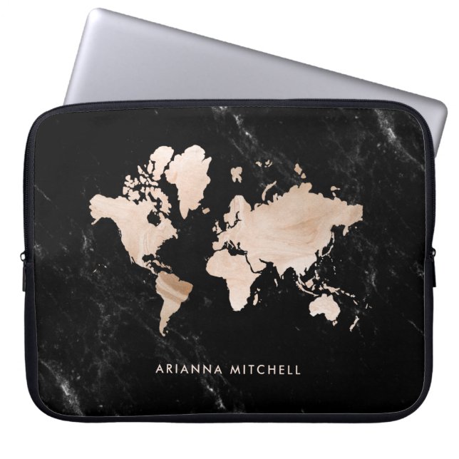 Light Gold World Map on Black Marble Laptop Sleeve (Front)
