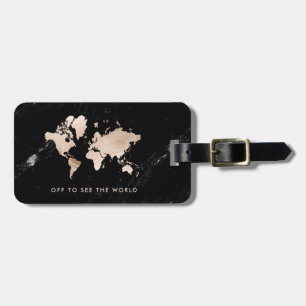 Light Gold World Map on Black Marble Luggage Tag