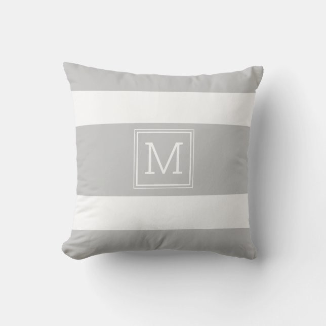 Light Gray and White Stripes Simple Monogram Outdoor Pillow (Front)