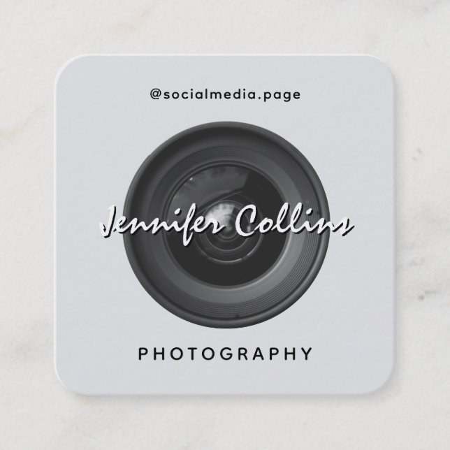 Light gray camera lens photography  square business card (Front)