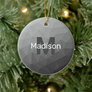 Light gray gradient geometric mesh Monogram Ceramic Ornament