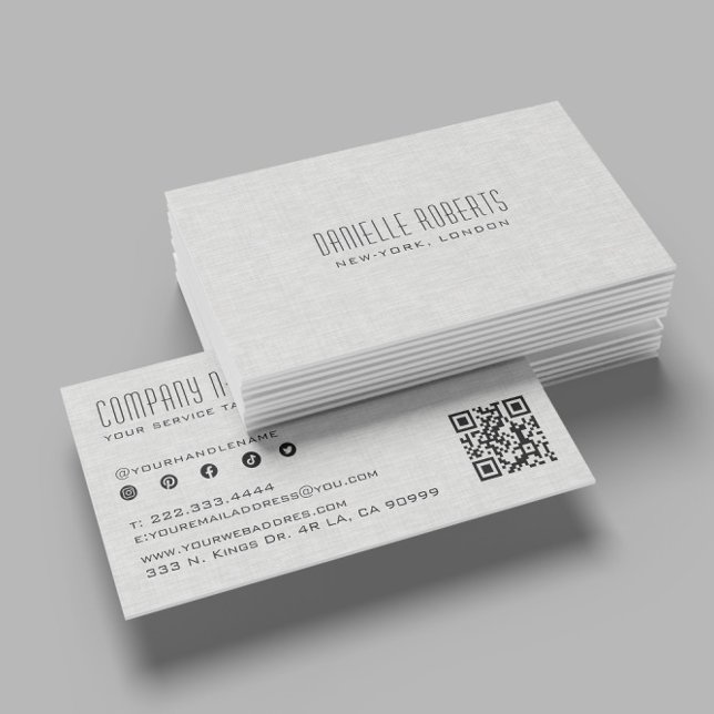 Light Gray Linen Texture QR Code Business Card (Creator Uploaded)